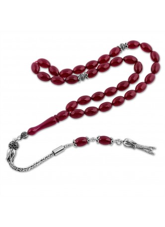 Gümüş Püskül Bordo Sıkma Kehribar Tesbih