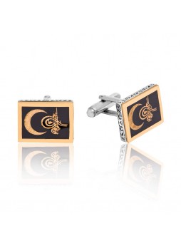 Gümüş Siyah Mineli Ay Tuğra Kol Düğmesi