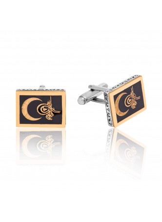 Gümüş Siyah Mineli Ay Tuğra Kol Düğmesi