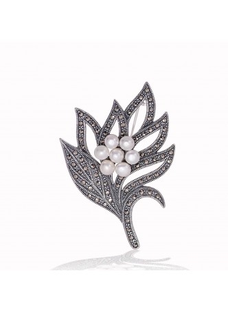 Gümüş Markazit Taşlı Yaprak İnci Broş