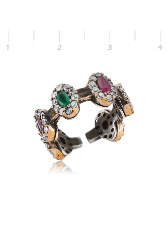 Zümrüt ve Yakut Taşlı Tamtur Gümüş Yüzük