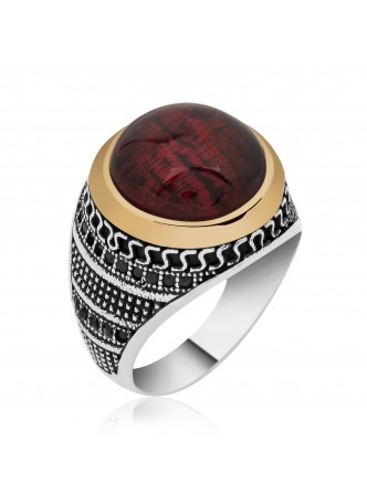 Gümüş Hareli Sıkma Kehribar Erkek Yüzük