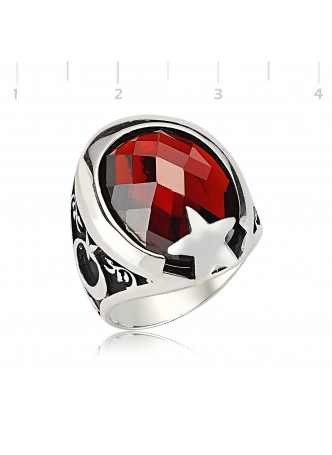 Kırmızı Taşlı Ay Yıldız Gümüş Yüzük