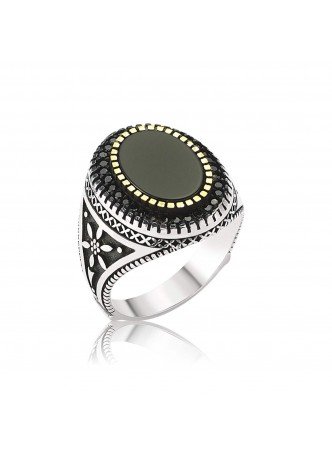 Siyah Oniks Taşlı Gümüş Erkek Yüzük