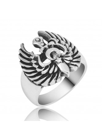 Gümüş Kartal Kanadı Ay Yıldız Erkek Yüzük