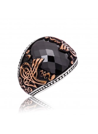Gümüş Siyah Fasetli Tuğralı Yüzük
