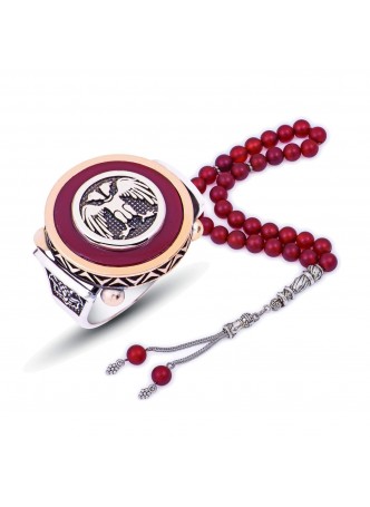 Gümüş Kahverengi Abanoz Çift Başlı Kartal Yüzük ve Tesbih Kombini