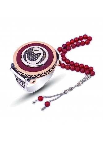 Gümüş Kahverengi Abanoz Vav Yüzük ve Tesbih Kombini