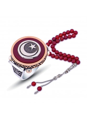 Gümüş Kahverengi Abanoz Ay Yıldız Yüzük ve Tesbih Kombini