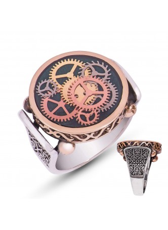 Yeşil Mineli Saat Çarkı Gümüş Erkek Yüzük