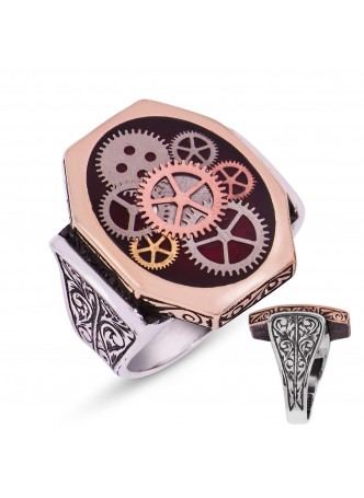 Bordo Mineli Gümüş Saat Çarkı Erkek Yüzük