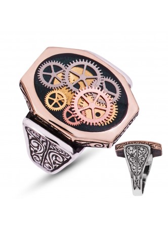 Yeşil Mineli Gümüş Saat Çarkı Erkek Yüzük