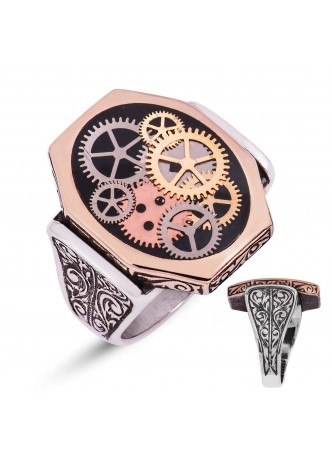 Siyah Mineli Gümüş Saat Çarkı Erkek Yüzük