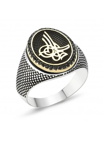 Gümüş Zirkon Taşlı Tuğra Erkek Yüzük