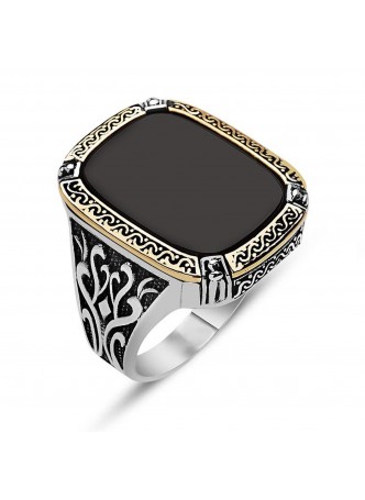 Oniks Taşlı Desenli Gümüş Erkek Yüzük