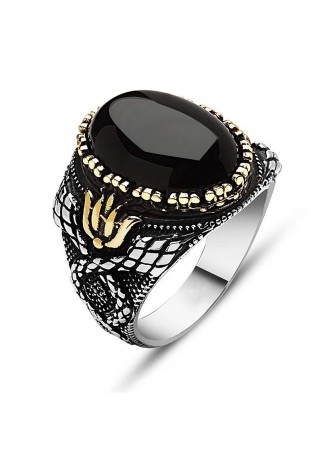 Oniks Taşlı İşlemeli Gümüş Erkek Yüzük