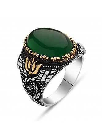 Yeşil Akik Taşlı İşlemeli Gümüş Erkek Yüzük