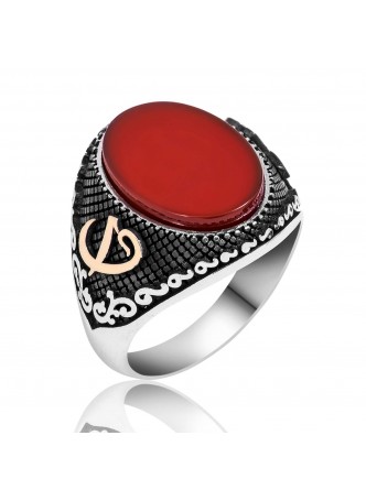 Gümüş Akik Taşlı Elif Vav Yüzük