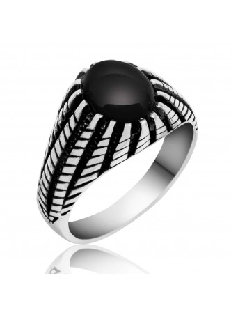 Gümüş Oniks Taşlı Pençe Desenli Erkek Yüzük