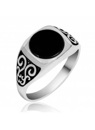 Gümüş Oniks Taşlı Desenli Erkek Yüzük