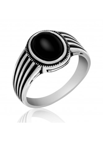 Gümüş Oniks Taşlı Çizgili Erkek Yüzük
