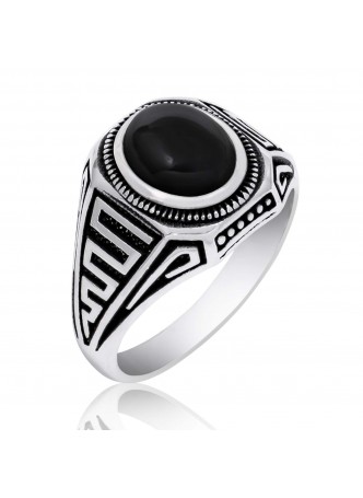Gümüş Oniks Taşlı Grek Desenli Erkek Yüzük
