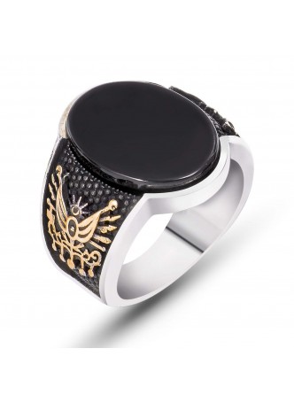 Gümüş Oniks Taşlı Osmanlı Armalı Erkek Yüzük