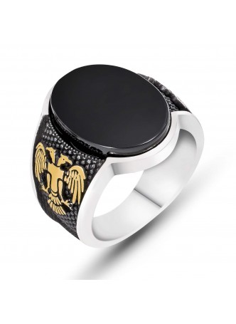 Gümüş Oniks Taşlı Çift Başlı Kartal Armalı Erkek Yüzük