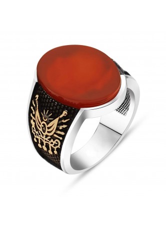 Gümüş Akik Taşlı Osmanlı Armalı Erkek Yüzük