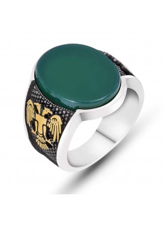 Gümüş Yeşil Akik Taşlı Çift Başlı Kartal Armalı Erkek Yüzük