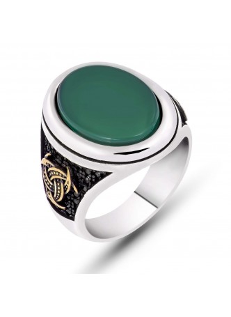 Gümüş Yeşil Akik ve Zirkon Taşlı Teşkilat-ı Mahsusa Armalı Erkek Yüzük