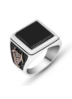 Gümüş Oniks ve Zirkon Taşlı Teşkilat-ı Mahsusa Armalı Erkek Yüzük