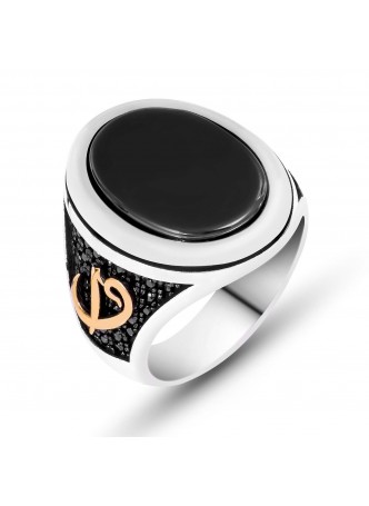 Gümüş Oniks ve Zirkon Taşlı Elif Vav Armalı Erkek Yüzük