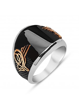 Gümüş Oniks Taşlı Tuğra Armalı Yüzük