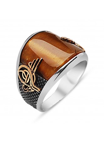 Gümüş Kaplan Gözü Taşlı Tuğra Armalı Erkek Yüzük