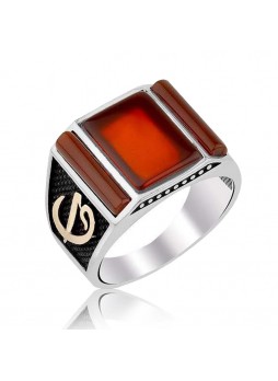 Gümüş Akik Taşlı Elif Vav Motifli Yüzük