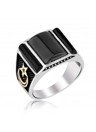 Gümüş Oniks Taşlı Ay Yıldız Armalı Yüzük