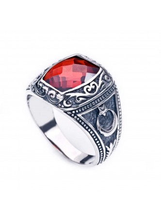 Gümüş Akik Taşlı Ayyıldız Erkek Yüzük