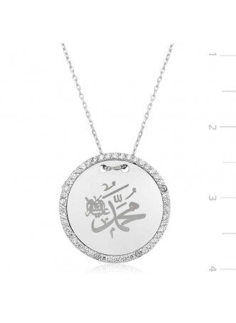 Zirkon Taşlı Muhammed Yazılı Yuvarlak Kolye