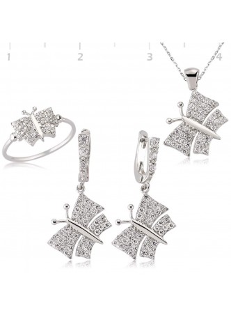 Zirkon Taşlı Rodyum Kaplama Kelebek Set