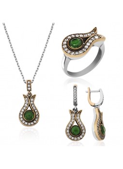 Gümüş Zümrüt Taşlı Otantik Lale Set