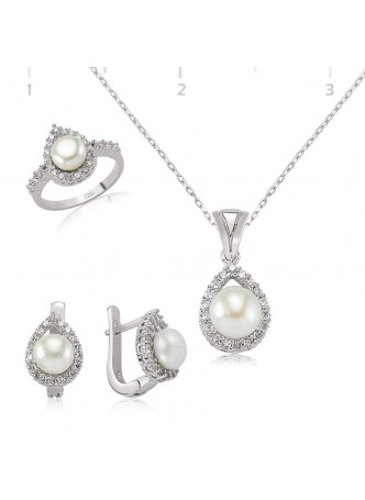 Gümüş Zirkon Taşlı İnci Set