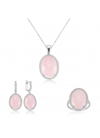 Gümüş Pembe Kuvars Oval Set
