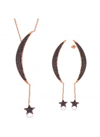 Gümüş Siyah Taşlı Ay Yıldız Set