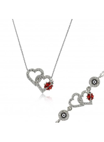 Gümüş Uğur Böcekli Kalp Set