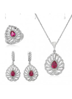 Gümüş Pembe Taşlı Damla Set