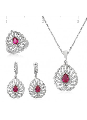 Gümüş Pembe Taşlı Damla Set
