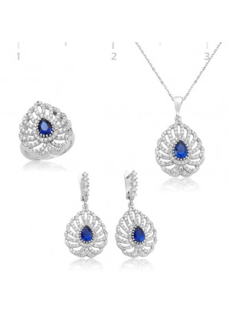 Gümüş Lacivert Zirkon Taşlı Damla Set
