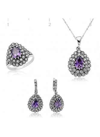 Gümüş Ametist Taşlı Eflatun Damla Set