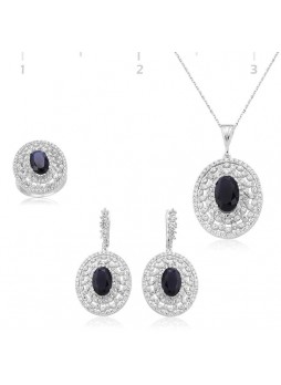 Gümüş Lacivert Taşlı Oval Set